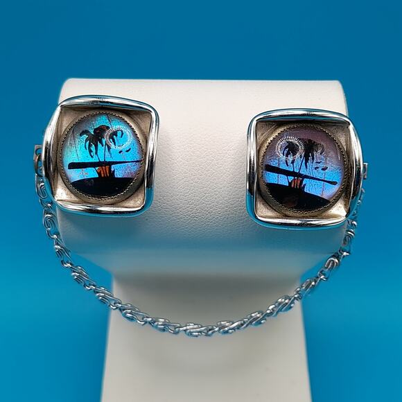 Vintage Iridescent Palm Scene Sweater Clips, 1950s Butterfly Wing Jewelry - Picture 5 of 10